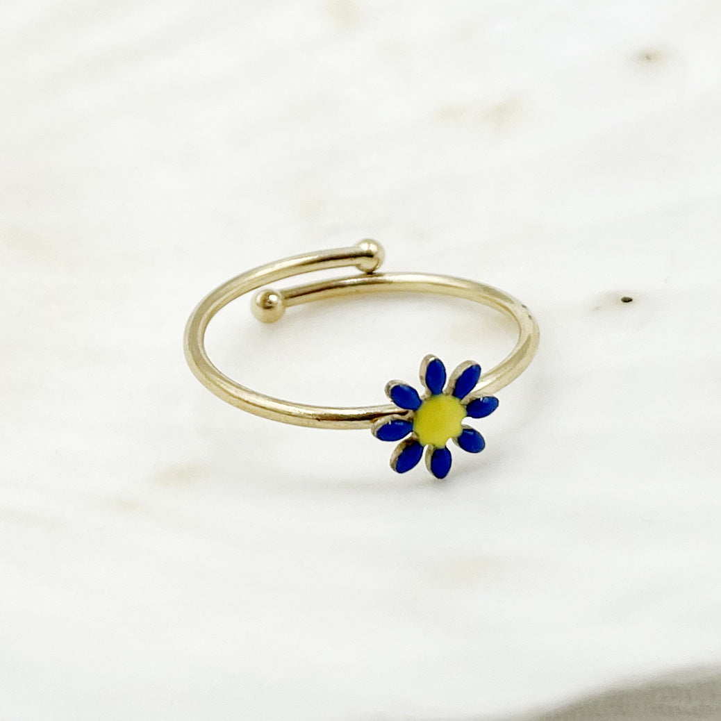 Wholesale Colorful Oil Drip Sunflower Adjustable Titanium Steel Ring